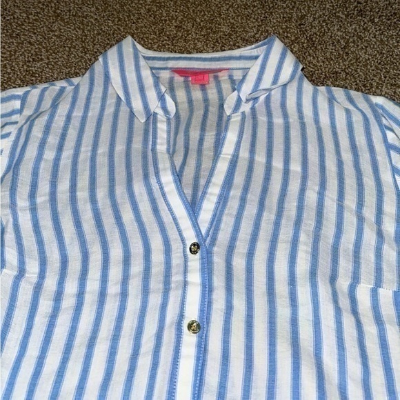 Lilly Pulitzer Lysa Tie Front Blue White Stripe Button Down Shirt - Picture 6 of 11